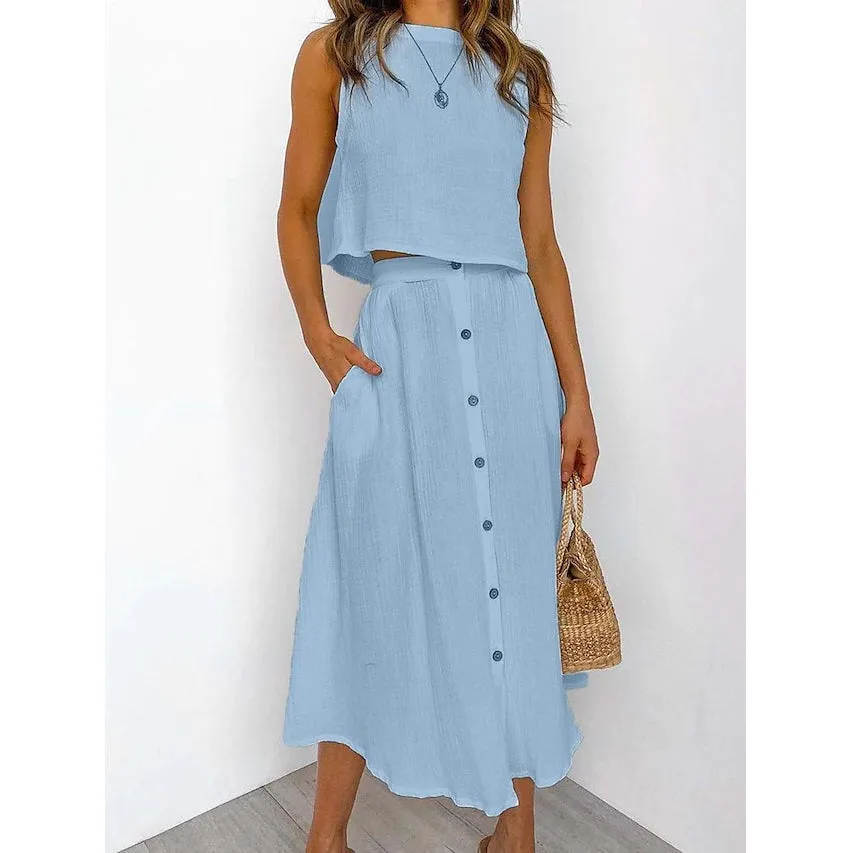 2-Piece Set: Women's Solid Color Casual Dress