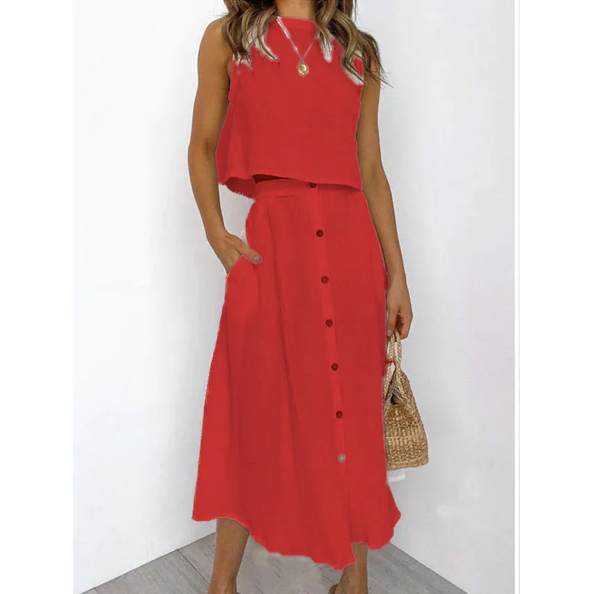 2-Piece Set: Women's Solid Color Casual Dress