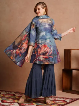 Abstract Floral Printed & Hand Embroidered Straight Kurta with Sharara & Dupatta - Blue