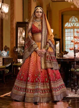 Affectionate Red & Yellow Bridal Lehenga Choli with Sparkle & Mirror Work in Smooth Rajwadi Silk