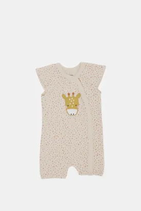 Baby Beige Printed With Applique Romper