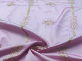 Baby Pink & Golden Traditional Embroidered Taffeta Silk Fabric (Wholesale)