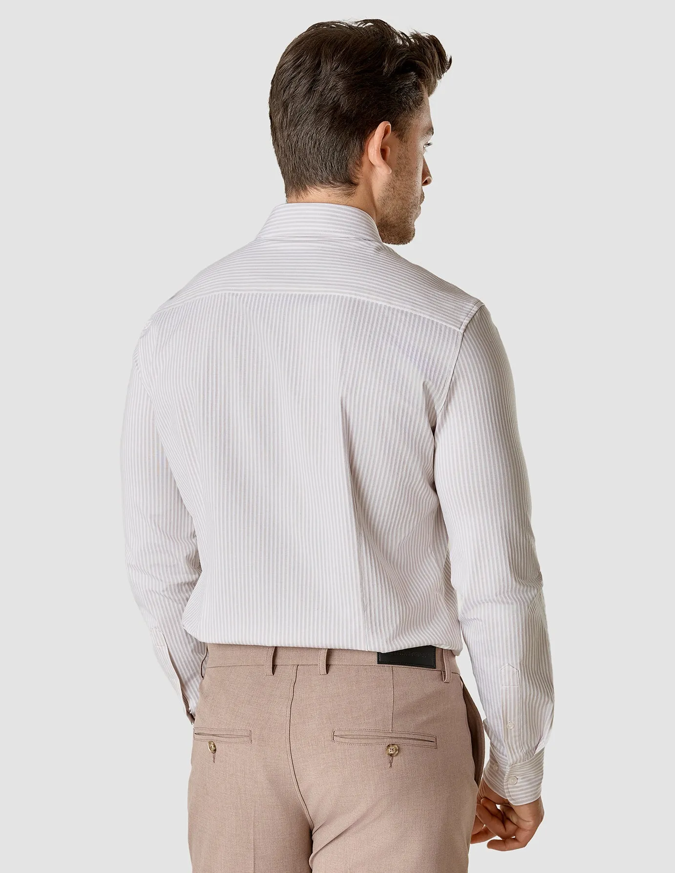 Certainly! Heres an optimized title for the e-commerce product:

Mens Slim Fit Classic Shirt with Grey and Lilac Stripes