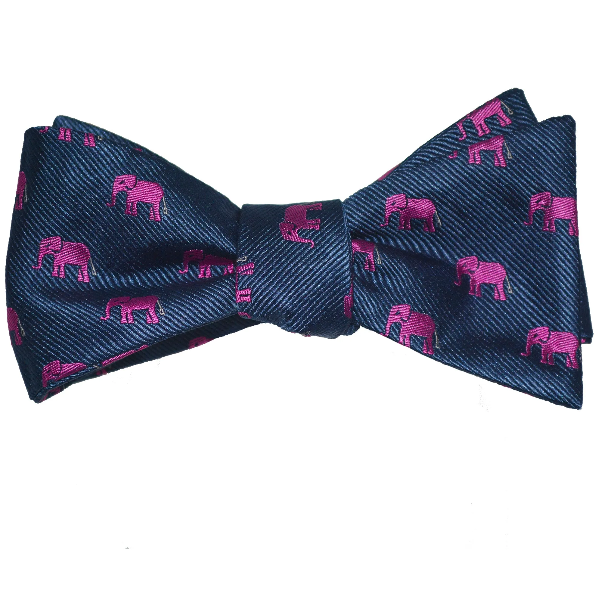 Elephant Bow Tie - Pink on Navy, Woven Silk