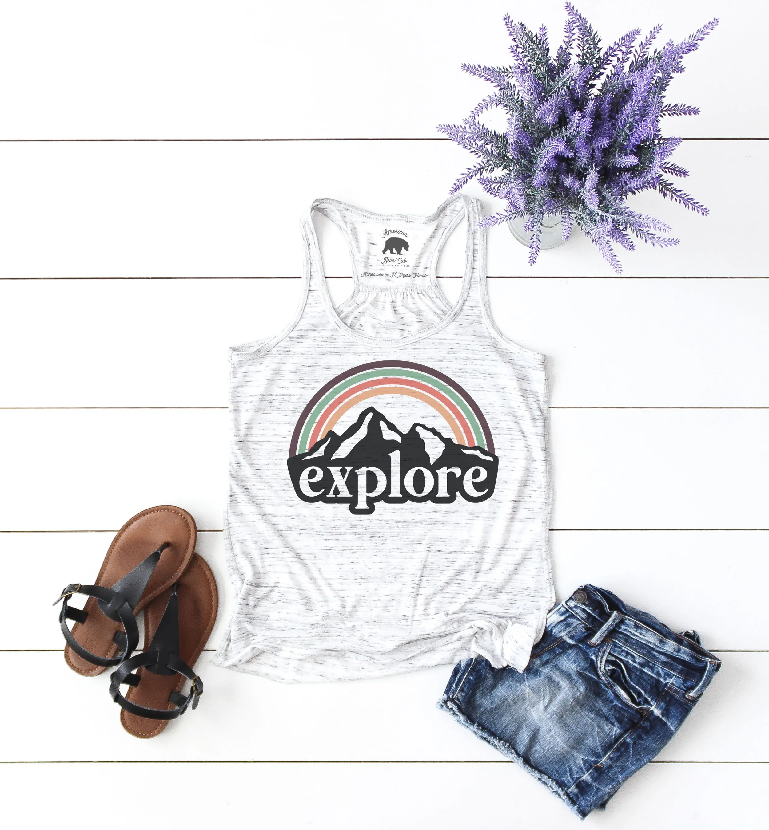 Explore Rainbow Mountain flowy racerback tank top