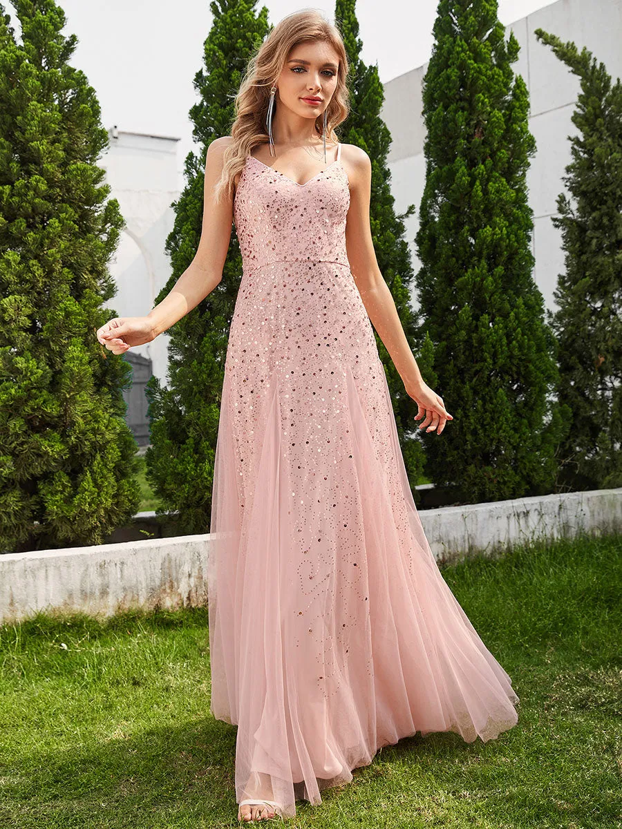 Glittery Sequin V Neck Spaghetti Strap Tulle Bridesmaid Dress