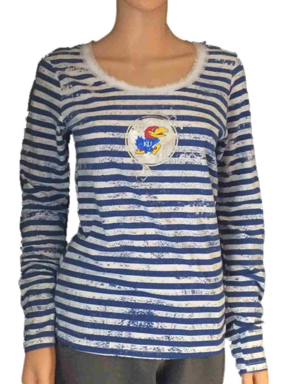 Kansas Jayhawks Meesh & Mia Women Blue White Striped Long Sleeve T-Shirt