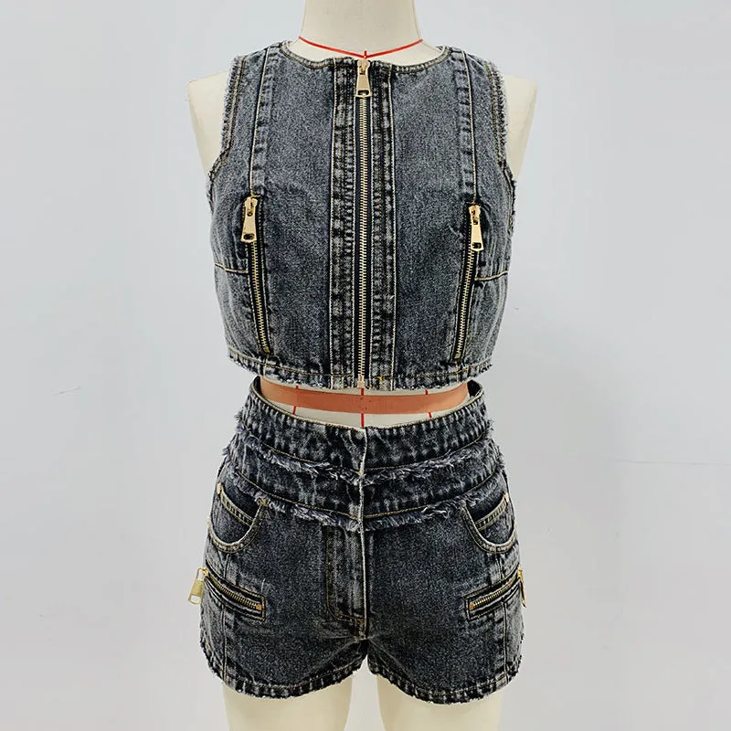 KittenAlarm - Dorothy Denim Tank Tops Stone Wash Shorts Set