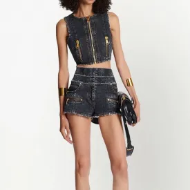 KittenAlarm - Dorothy Denim Tank Tops Stone Wash Shorts Set