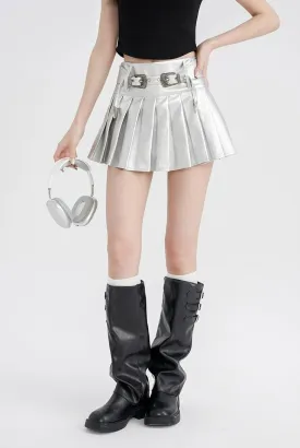 Metallic Pleated Mini Skirt with Buckle Details