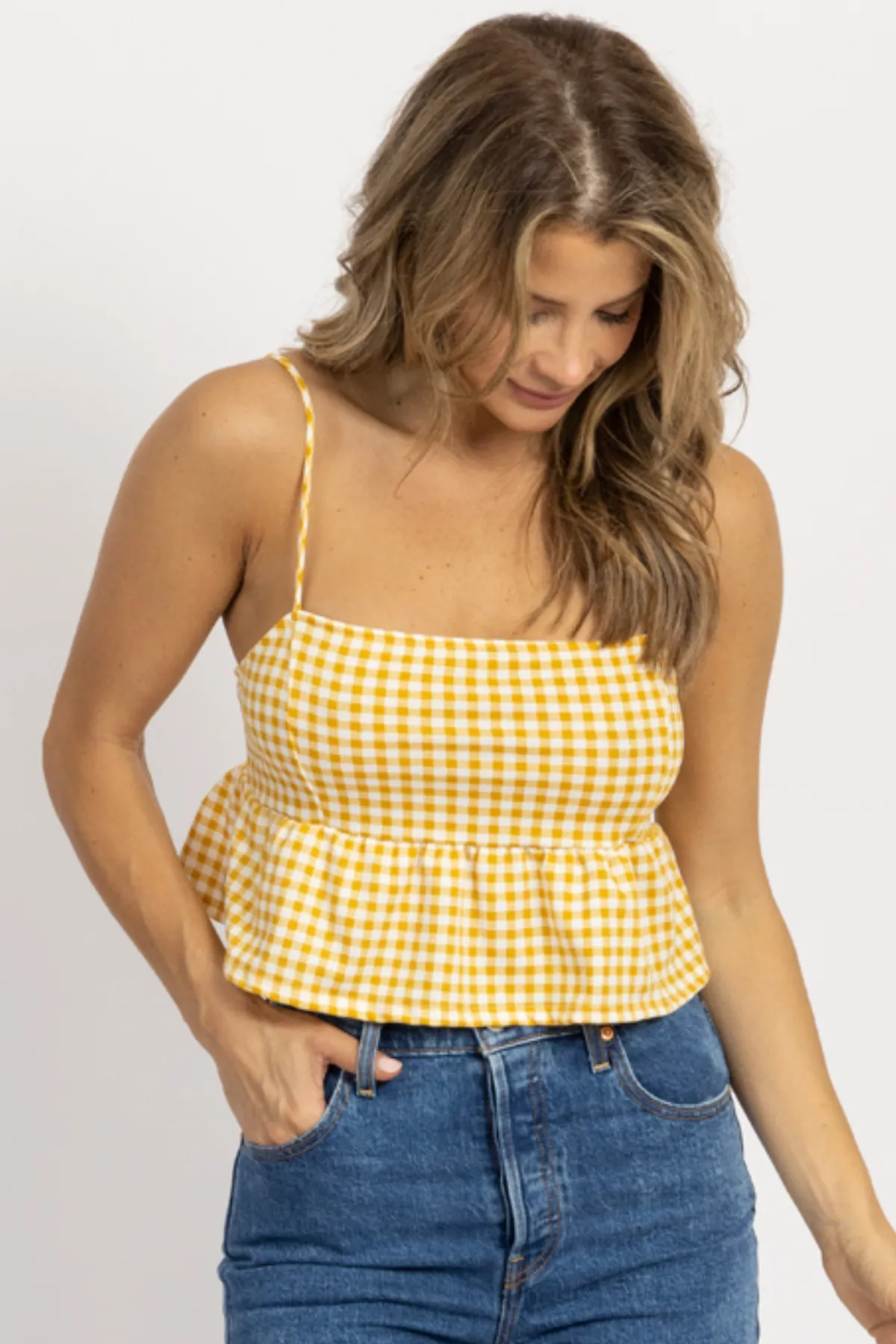 MUSTARD CHECKED TIE BACK CROP TOP