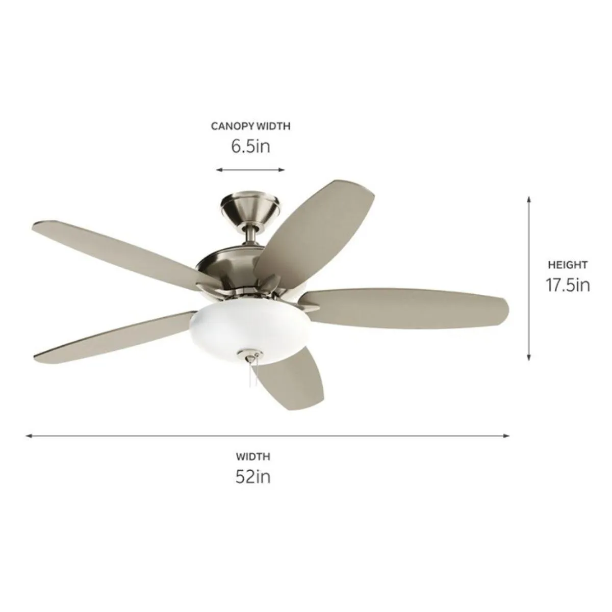 Renew Select 52 Inch Brushed Stainless Steel LED Ceiling Fan with Light Kit and Pull Chain