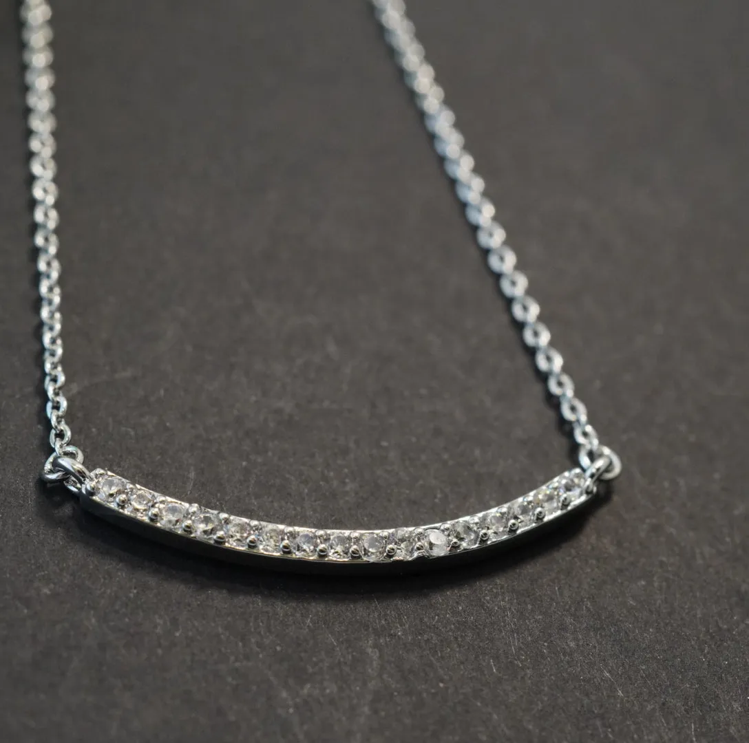 Rhodium Plated Zirconia Studded Linear Chain Pendant Necklace