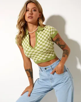 Tamma Crop Top in Crochet Checkerboard Green and Cream