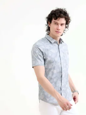 Tropical palm tree dusky blue printed shirt